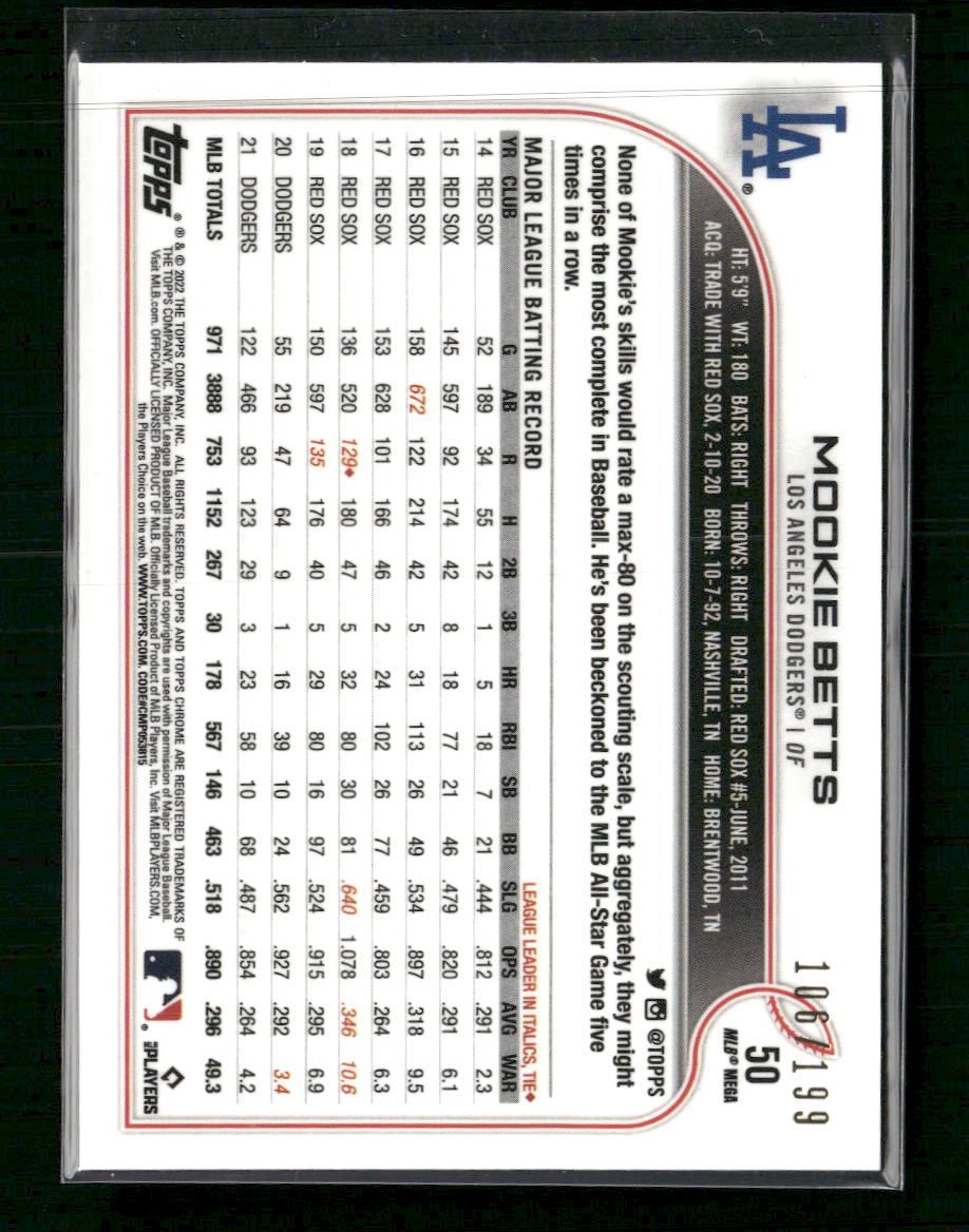 2022 Topps Chrome Pink Logo Refractor #/199 Mookie Betts #100 - Golden Apple Comics