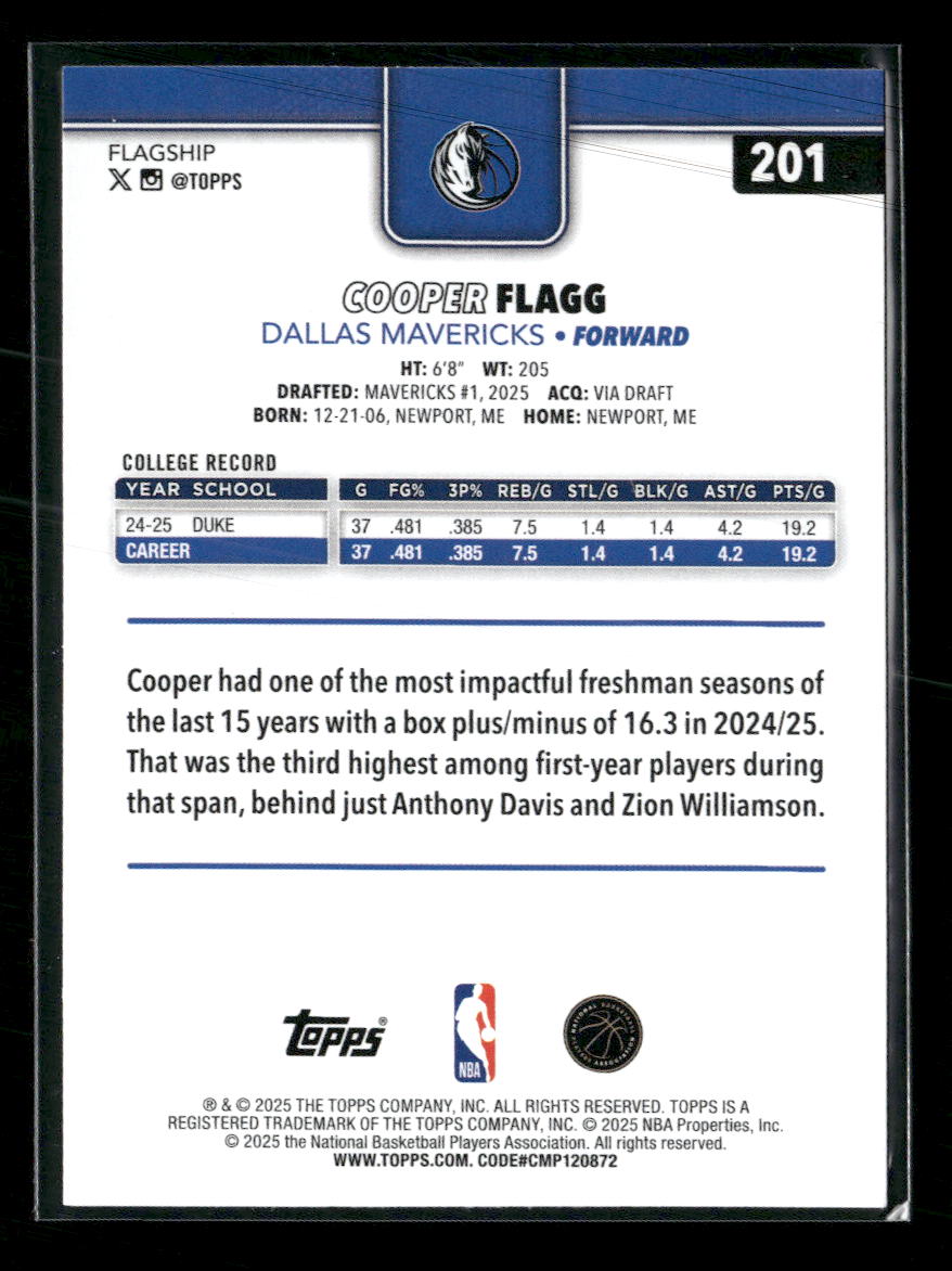2025-26 Topps Cooper Flagg Rookie #201 - Golden Apple Comics