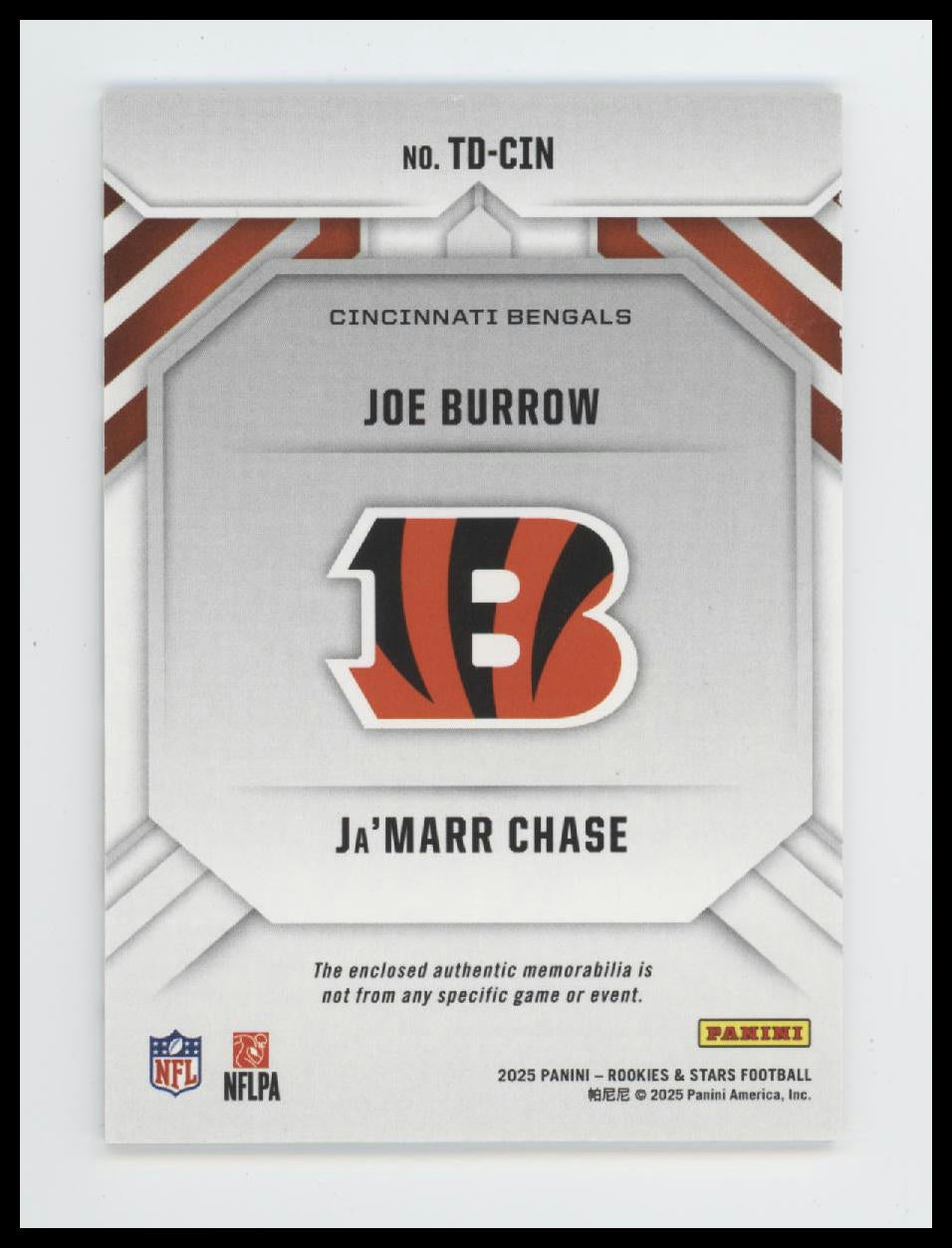 2025 Panini Rookies & Stars Team Duals Ja'Marr Chase / Joe Burrow #TD-