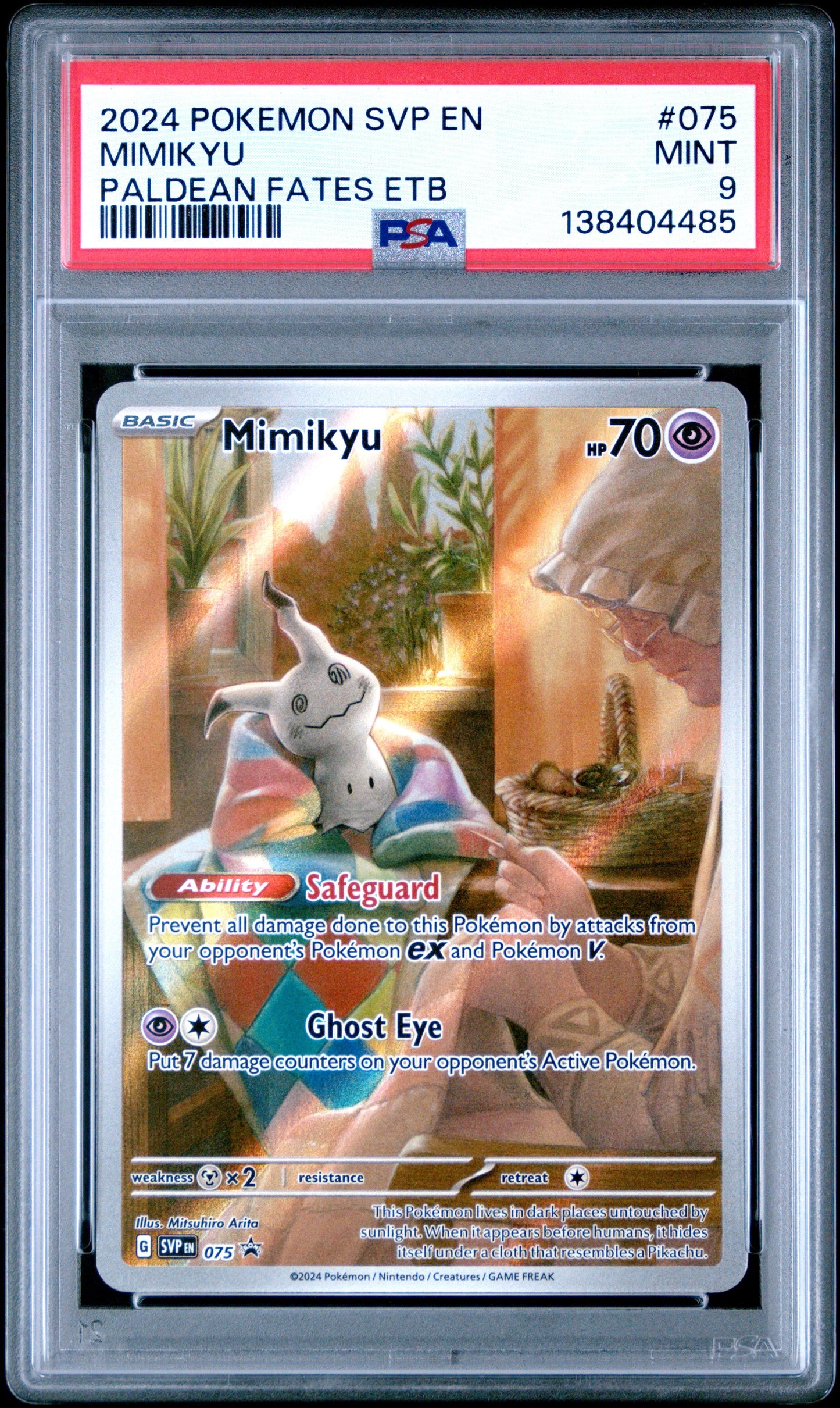 2024 Pokemon Svp En-Sv Black Star Promo Paldean Fates Etb Mimikyu 9 PSA #075 - Golden Apple Comics