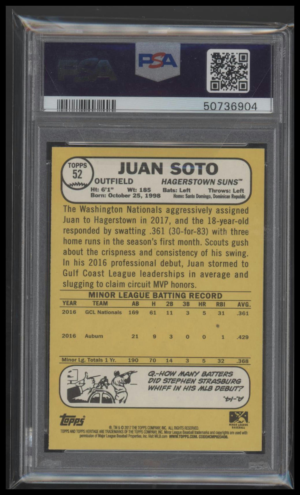 2017 Topps Heritage Minor League Minor League Juan Soto 9 PSA #52 - Golden Apple Comics