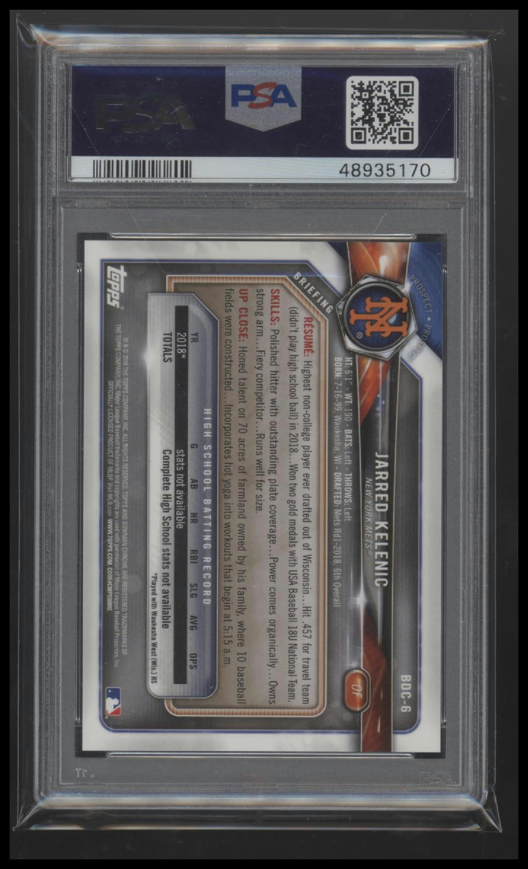 2018 Bowman Draft Chr-Batting-Green Ref. Jarred Kelenic 10 PSA #BDC6 - Golden Apple Comics
