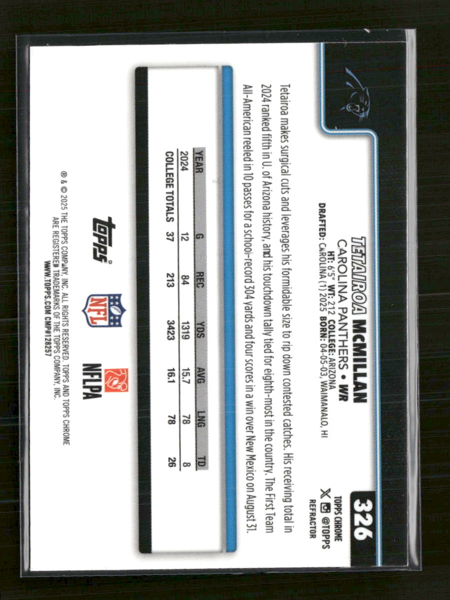 2025 Topps Chrome Refractor Tetairoa McMillan Rookie #326 - Golden Apple Comics