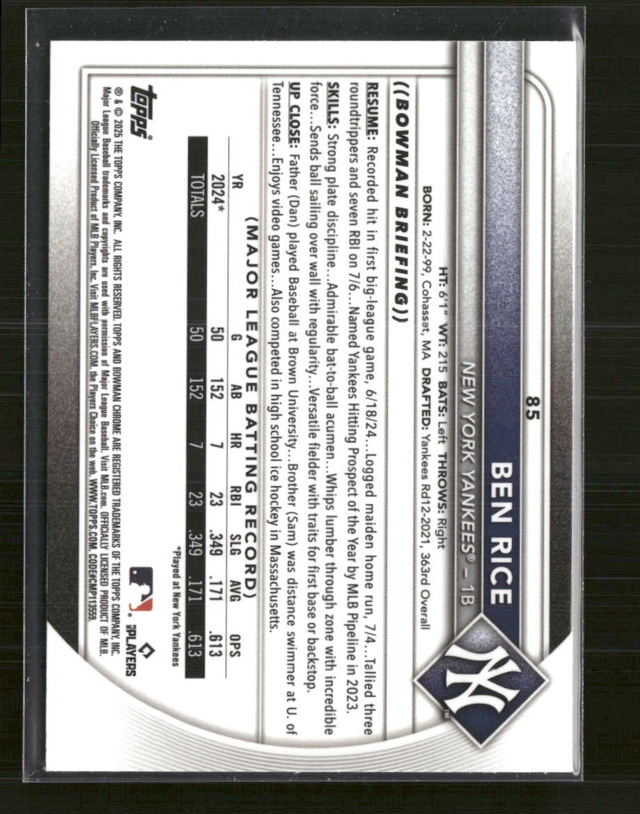 2025 Bowman Bowman Chrome Red Rookie Logo Ben Rice Rookie #85 - Golden Apple Comics