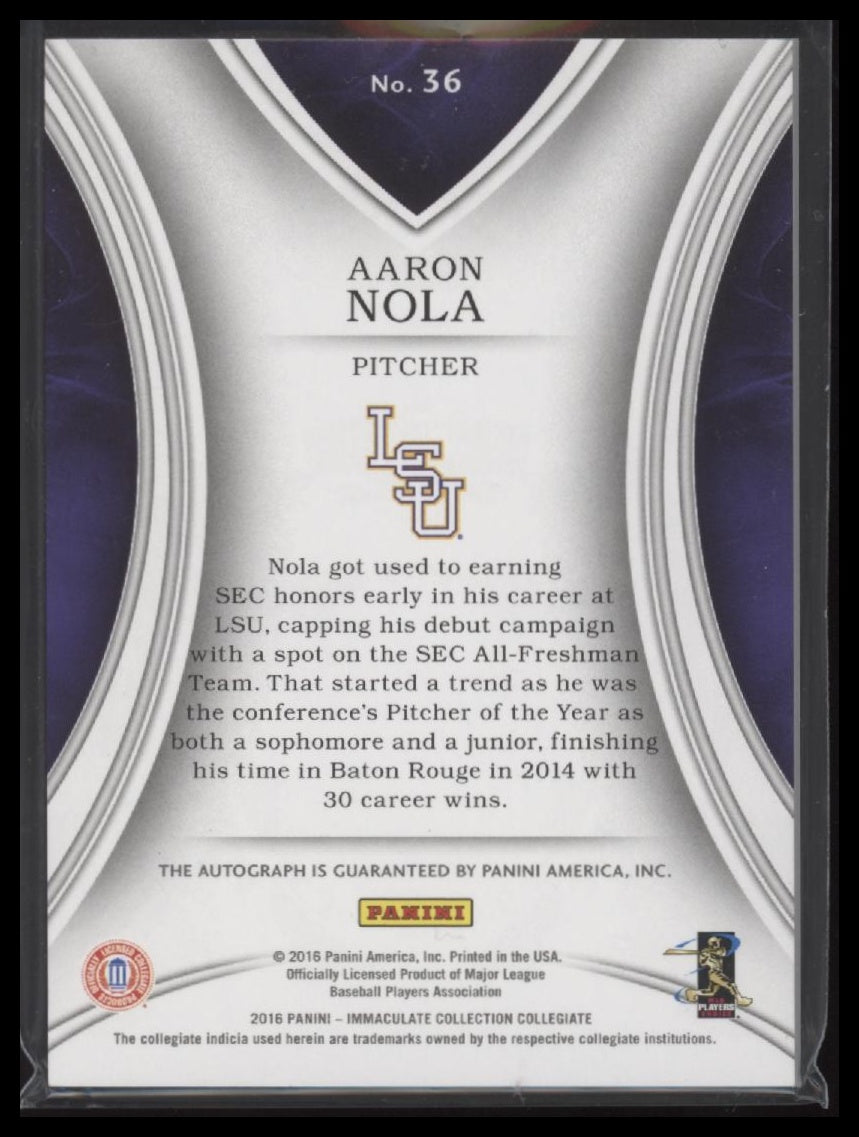 2016 Panini Immaculate Collegiate Rookie Autographs Aaron Nola #/99 Auto #36 - Golden Apple Comics