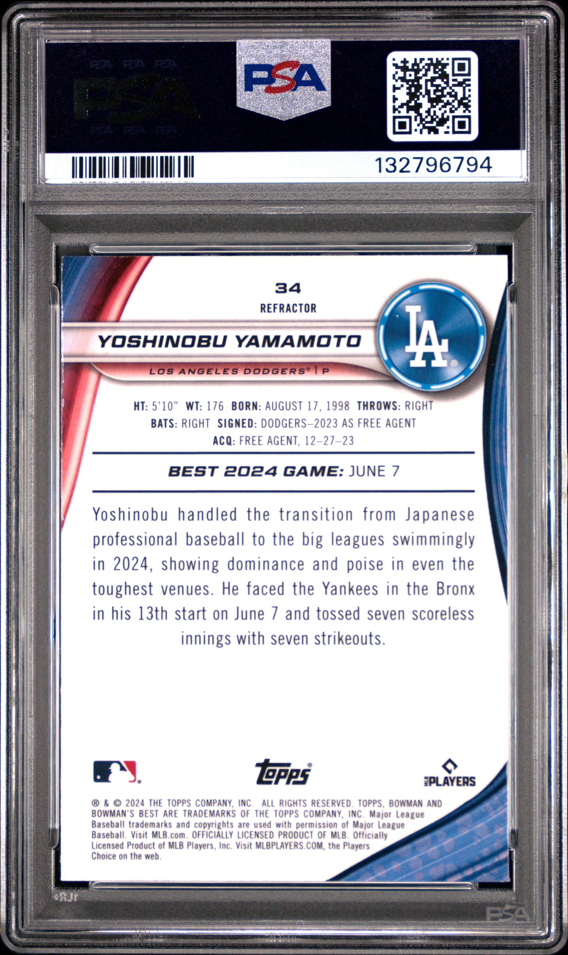 2024 Bowman'S Best Refractor Yoshinobu Yamamoto 10 PSA #34 - Golden Apple Comics