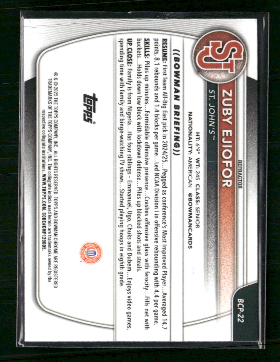 2025-26 Bowman Chrome Prospects Refractor Zuby Ejiofor #/499 #BCP-22 - Golden Apple Comics