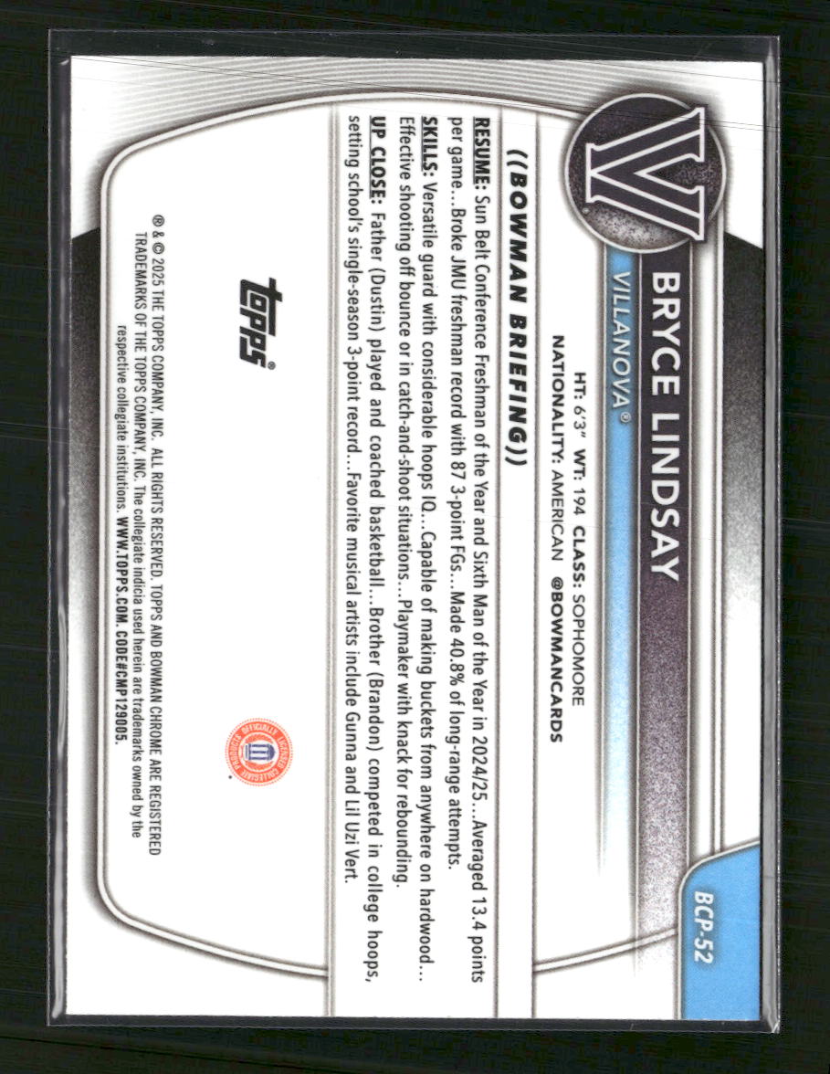 2025-26 Bowman Chrome Prospects Navy Mojo Refractor Bryce Lindsay #/175 #BCP-52 - Golden Apple Comics