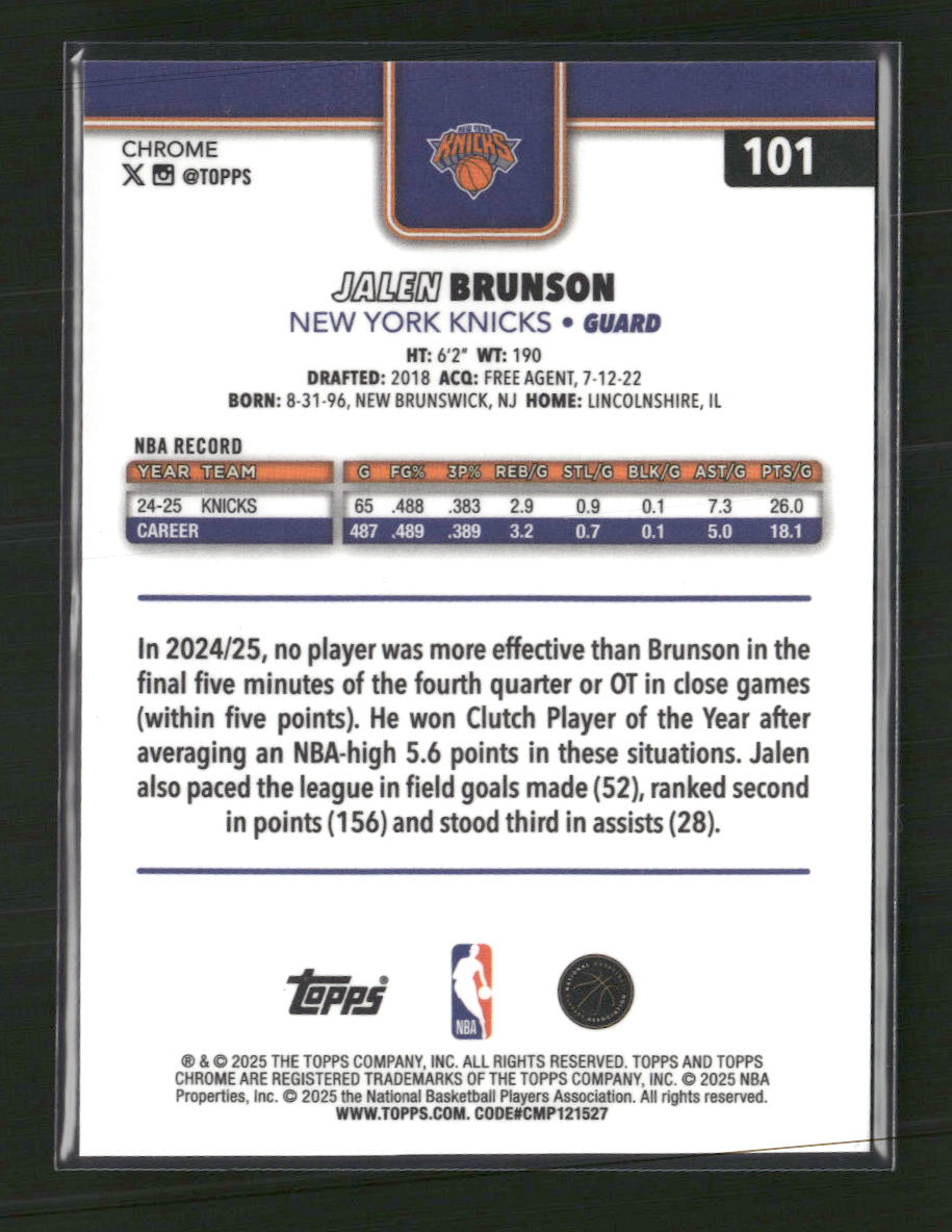 2025-26 Topps Chrome Blue X-Fractor Jalen Brunson #101 - Golden Apple Comics
