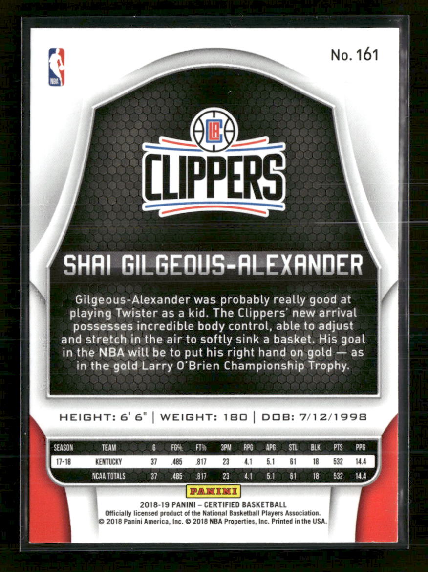 2018-19 Panini Certified Shai Gilgeous-Alexander Rookie #161 - Golden Apple Comics