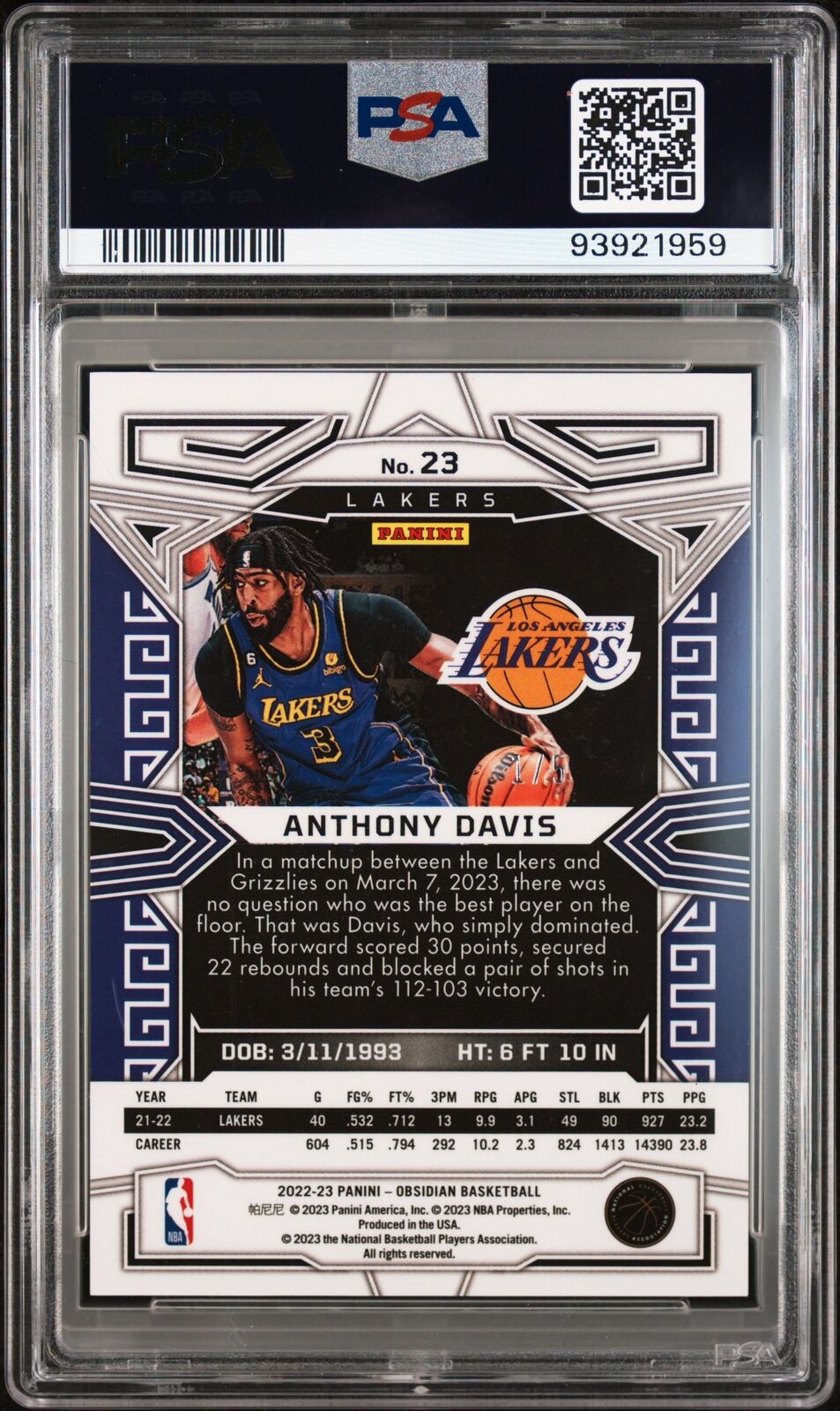 2022 Panini Obsidian #23 Anthony Davis Electric Etch Red PSA 9 #1/5