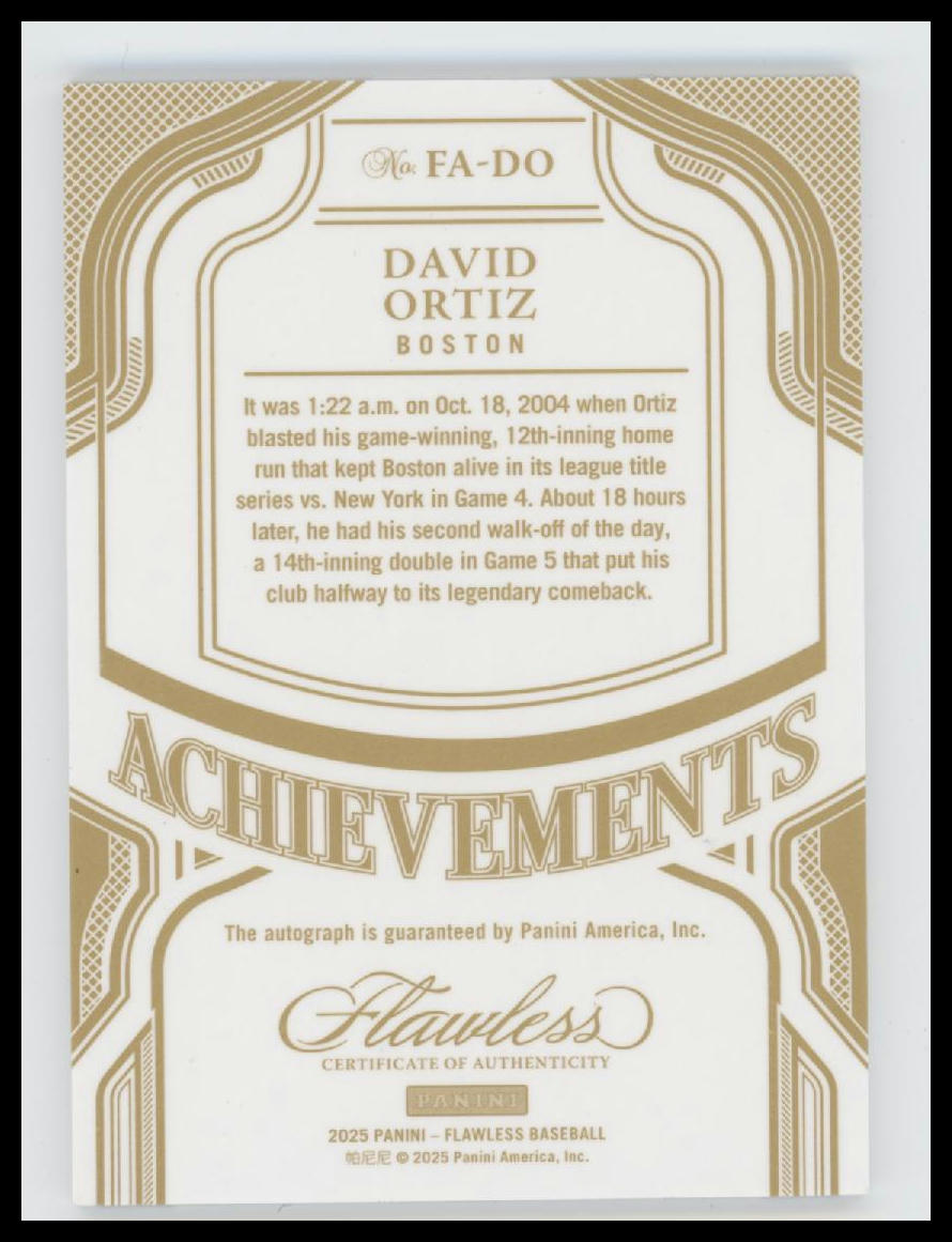 2025 Panini Flawless Achievements Sapphire David Ortiz #/15 Auto #FA-DO