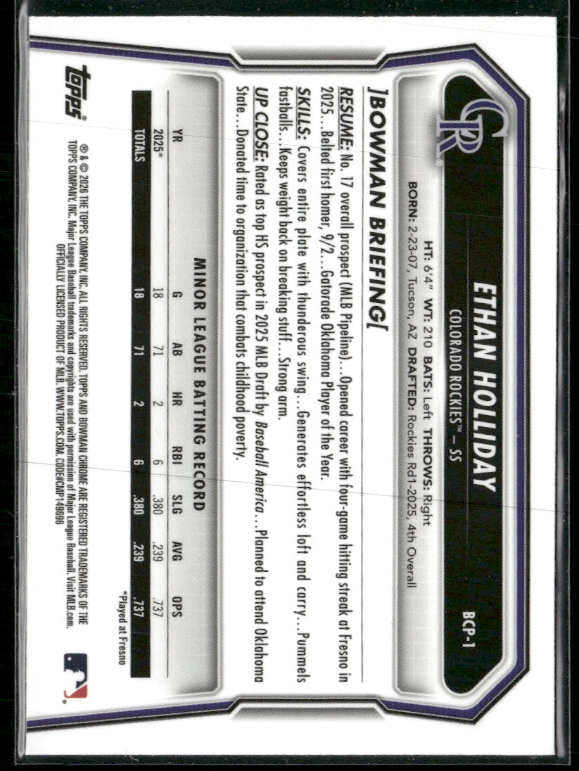 2026 Bowman Chrome Prospects Mojo Ethan Holliday #BCP-1