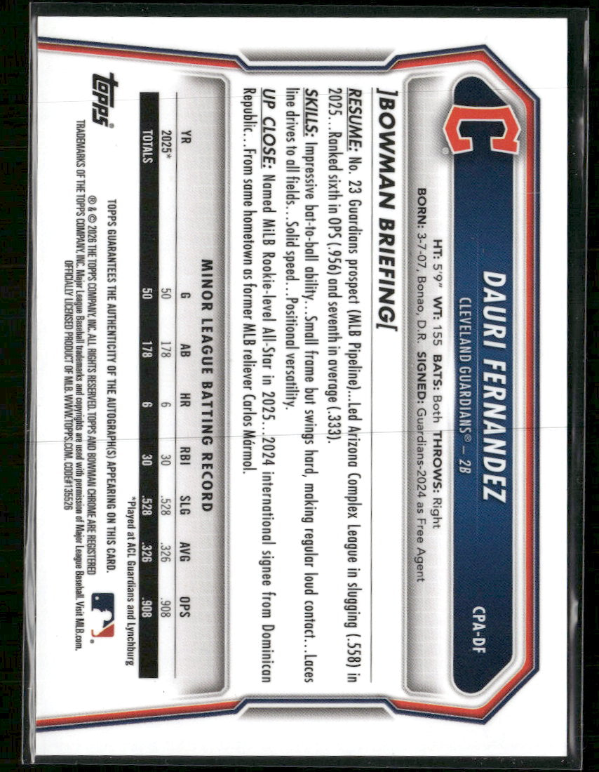2026 Bowman Chrome Autographs Red Refractors Dauri Fernandez #/5 Auto #CPA-DF