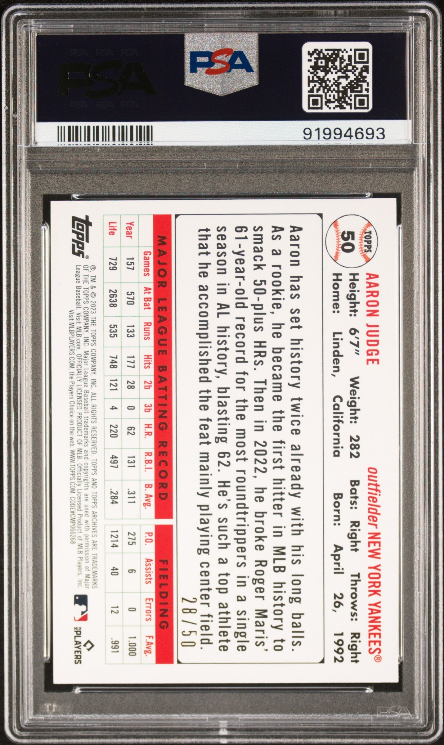 2023 Topps Archives White Back-Red Hot Foil Aaron Judge 9 PSA #50