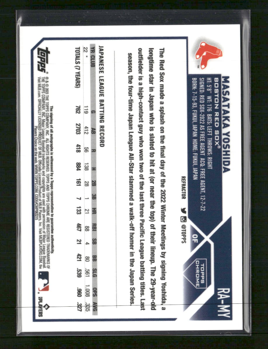 2023 Topps Chrome Rookie Autographs Refractor Masataka Yoshida #/499 Auto #RA-MY