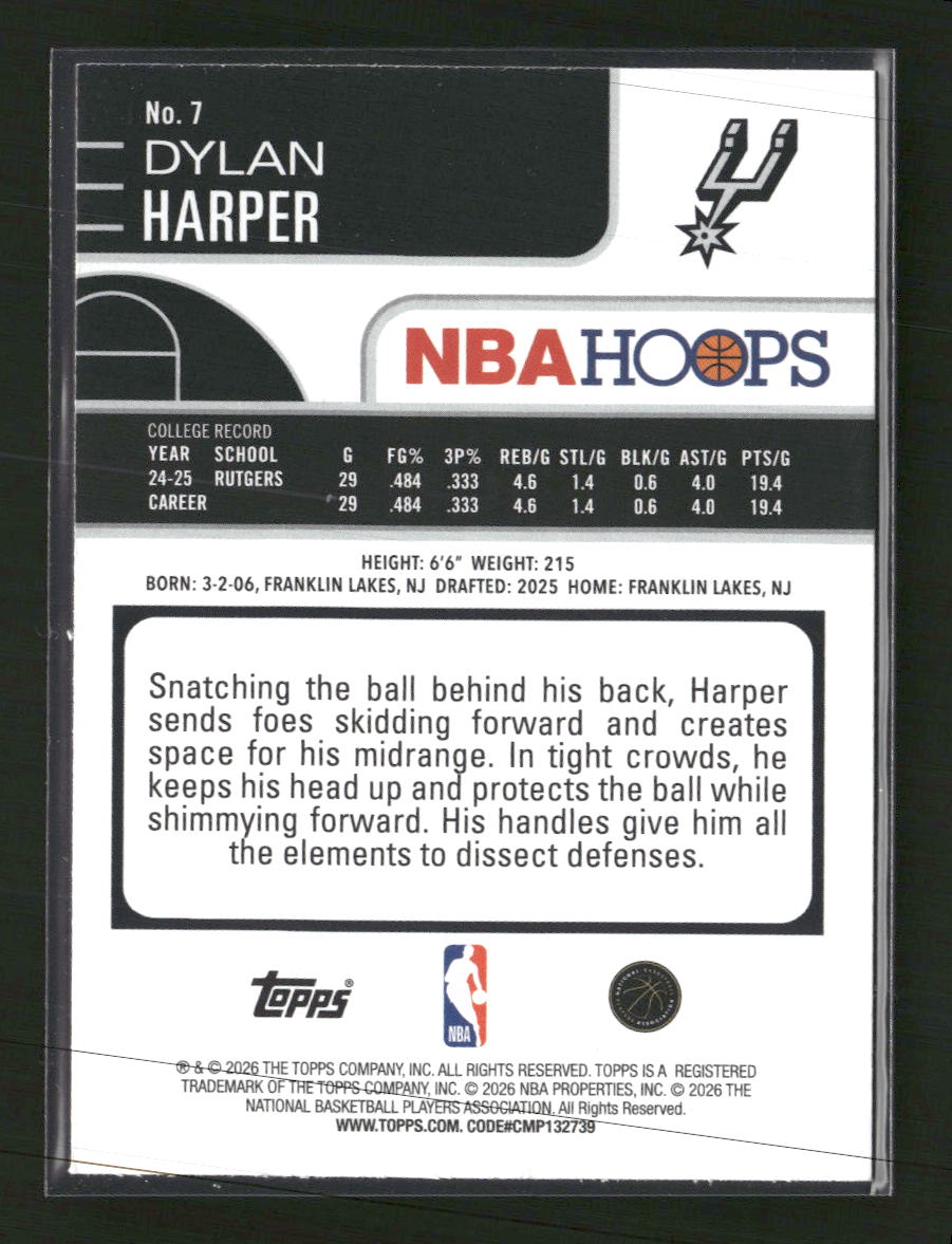 2025-26 Hoops Green Foil Dylan Harper Rookie #7