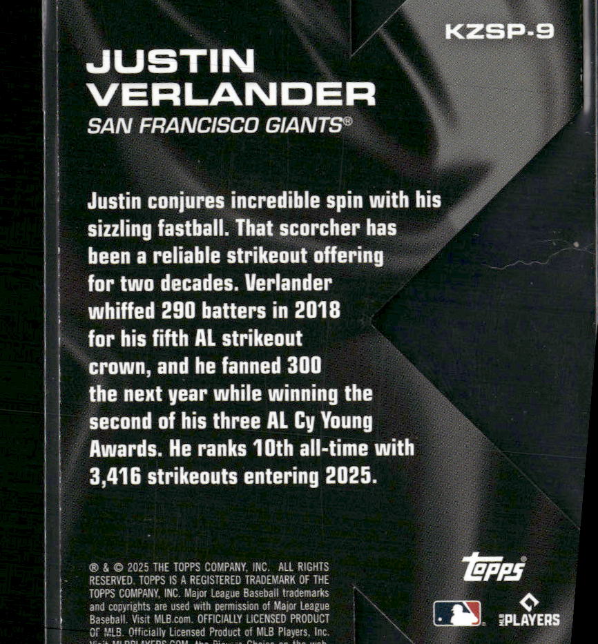 2025 Topps K Zone SP Die Cuts (Backwards K) Justin Verlander #KZSP-9