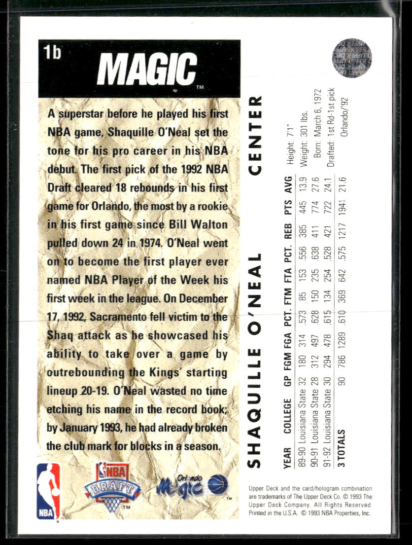1992-93 Upper Deck Shaquille O'Neal #1b