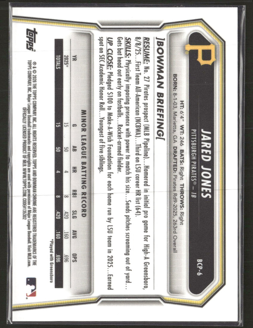 2026 Bowman Chrome Prospects Rose Gold Refractor Jared Jones #/15 #BCP-6
