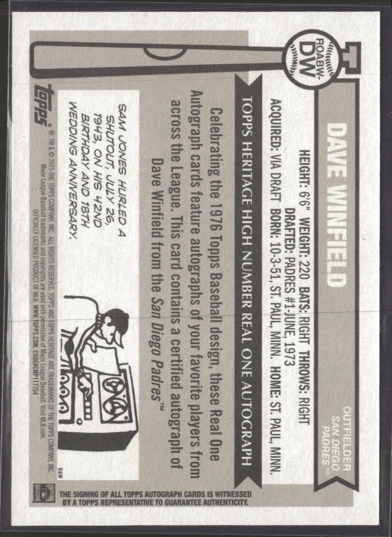 2025 Topps Heritage Black/White Auto /25 Dave Winfield Auto #ROABW-DW