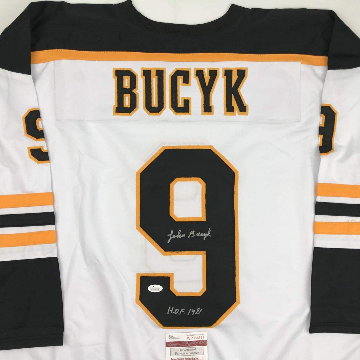 Autographed/Signed Johnny John Bucyk HOF 1981 Boston White Hockey Jersey JSA COA - Golden Apple Comics