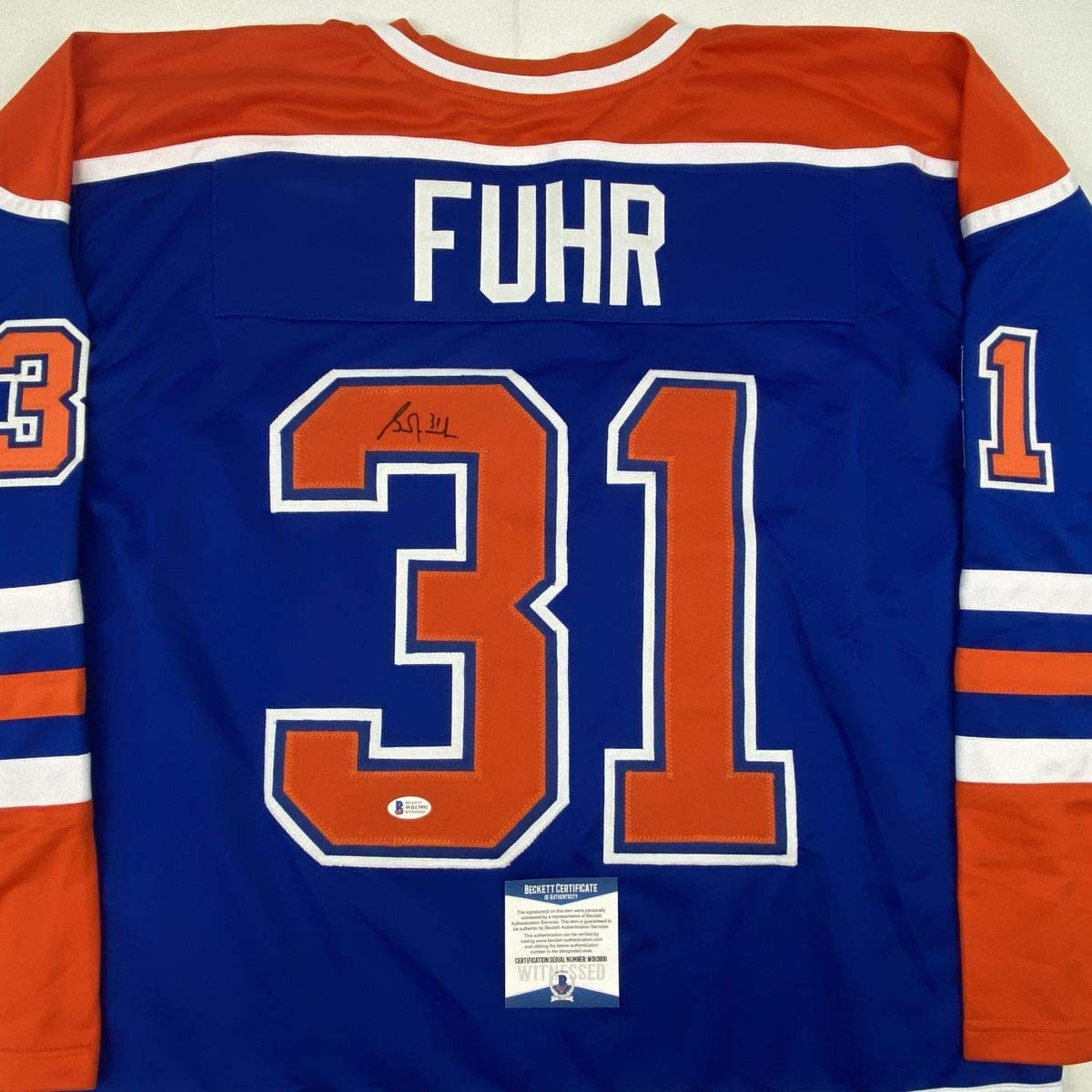 Autographed/Signed Grant Fuhr Edmonton Blue Hockey Jersey Beckett BAS COA