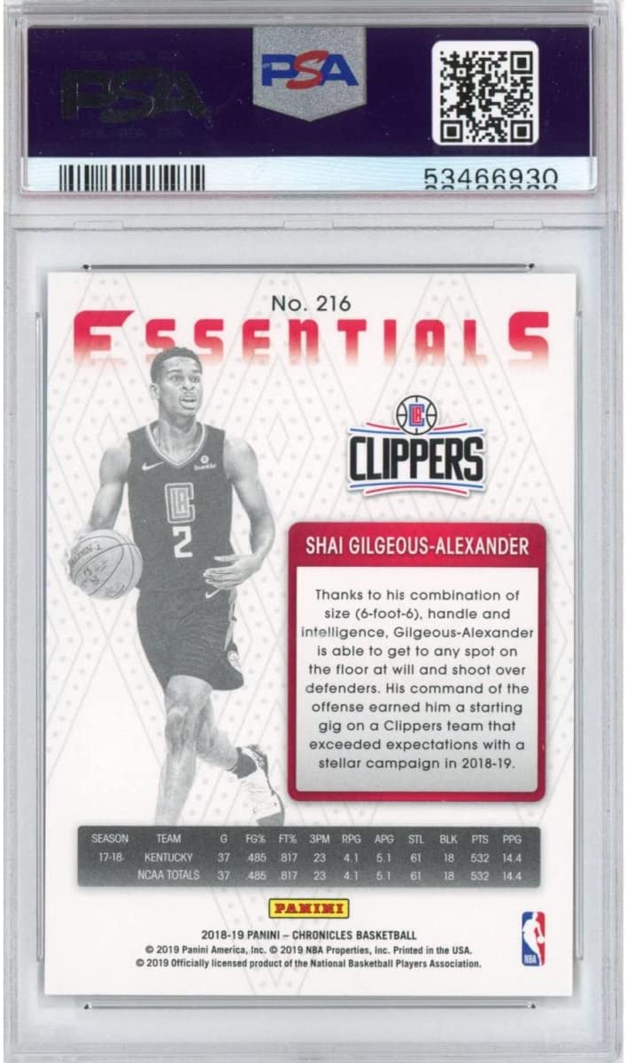 Graded 2018-19 Panini Chronicles Shai Gilgeous-Alexander #216 Rookie RC Basketball Card PSA 10 Gem Mint