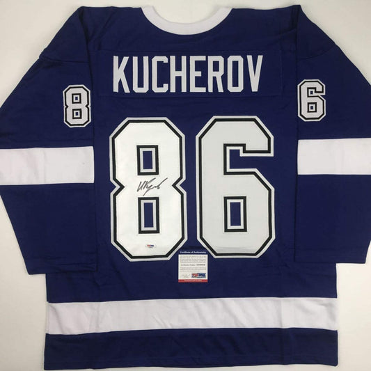 Autographed/Signed Nikita Kucherov Tampa Bay Blue Hockey Jersey PSA/DNA COA