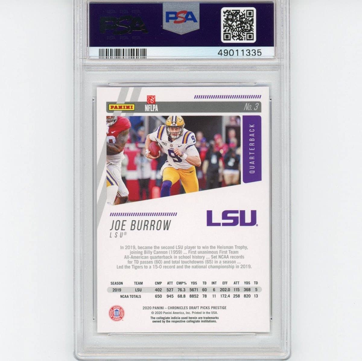 Graded 2020 Panini Chronicles Draft Picks Joe Burrow #3 Prestige Rookie RC Football Card PSA 10 Gem Mint