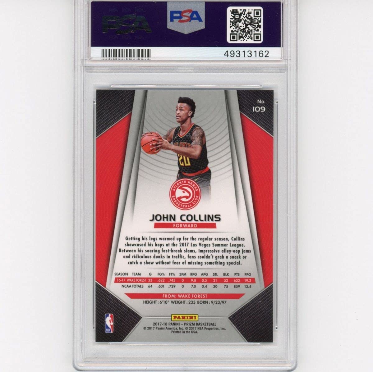 Graded 2017-18 Panini Prizm John Collins #109 Rookie RC Basketball Card PSA 10 Gem Mint