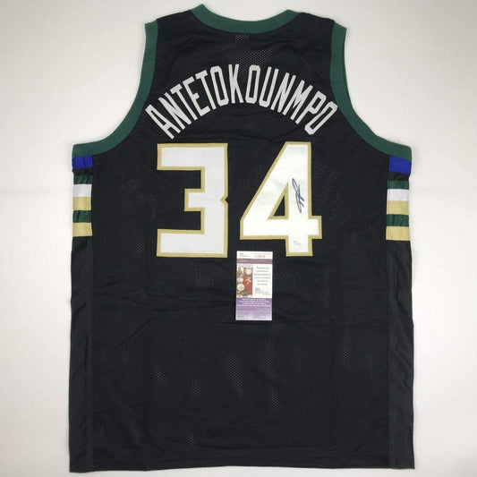 Autographed/Signed Giannis Antetokounmpo Milwaukee Black Custom Basketball Jersey JSA COA