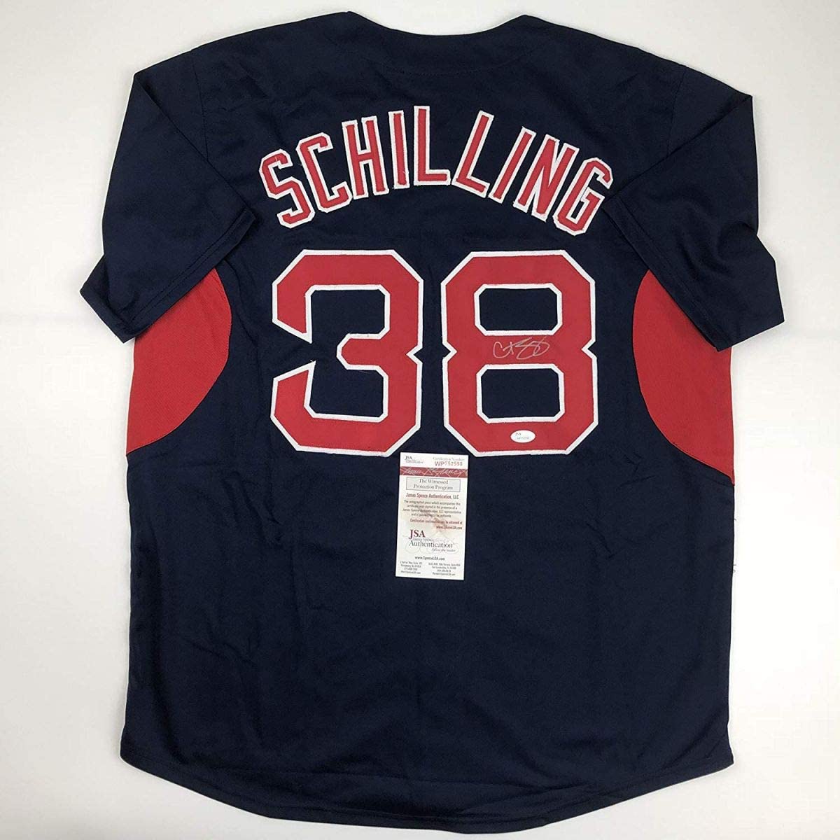Autographed/Signed Curt Schilling Boston Blue Baseball Jersey JSA COA