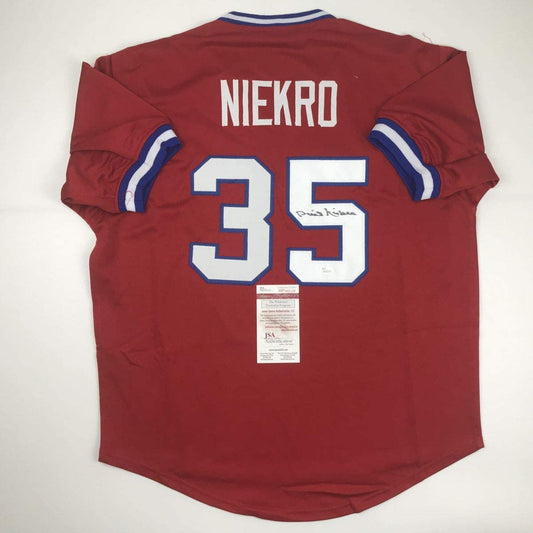 Autographed/Signed Phil Niekro Atlanta Red Baseball Jersey JSA COA