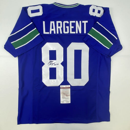 Autographed/Signed Steve Largent HOF 95 Seattle Blue Football Jersey JSA COA