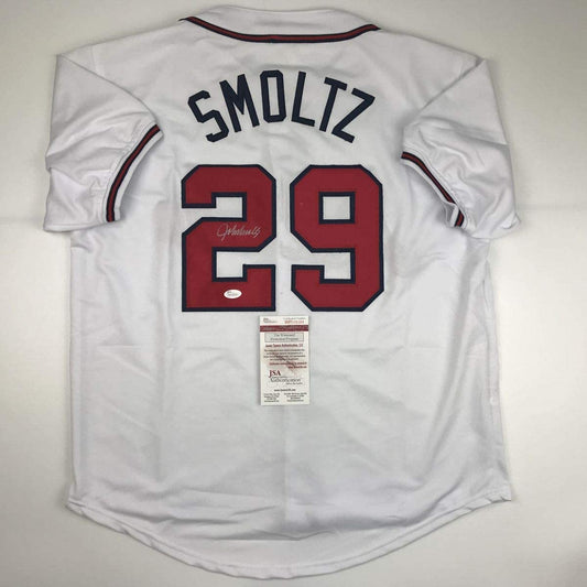 Autographed/Signed John Smoltz Atlanta White Baseball Jersey JSA COA