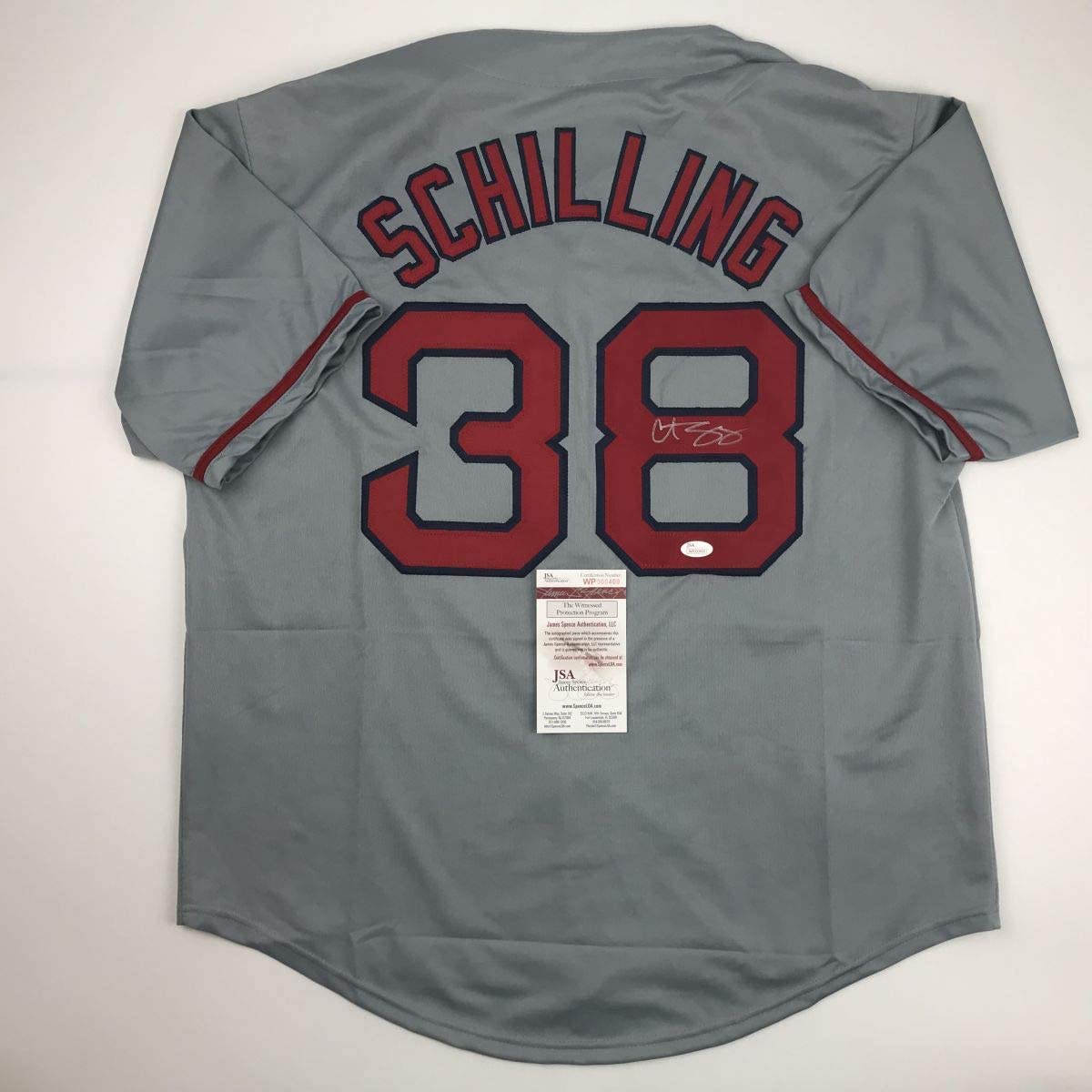 Autographed/Signed Curt Schilling Boston Grey Baseball Jersey JSA COA