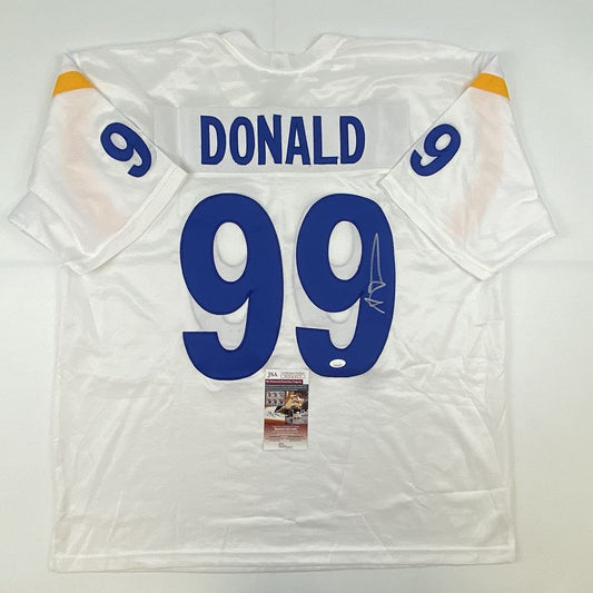 Autographed/Signed Aaron Donald Los Angeles LA White Football Jersey JSA COA