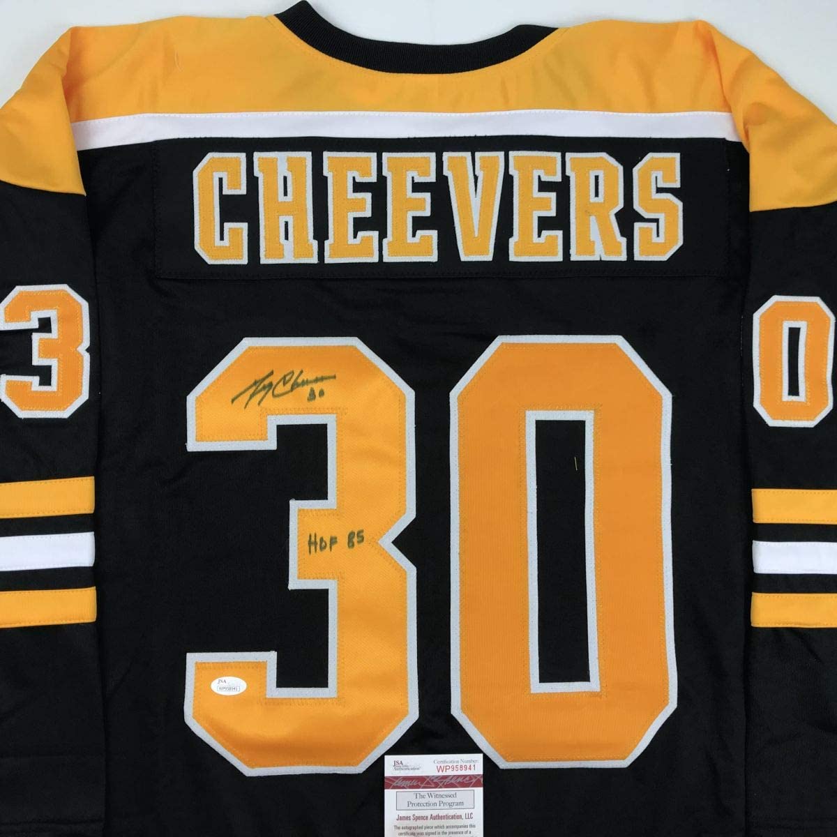 Autographed/Signed Gerry Cheevers HOF 85 Boston Black Hockey Jersey JSA COA