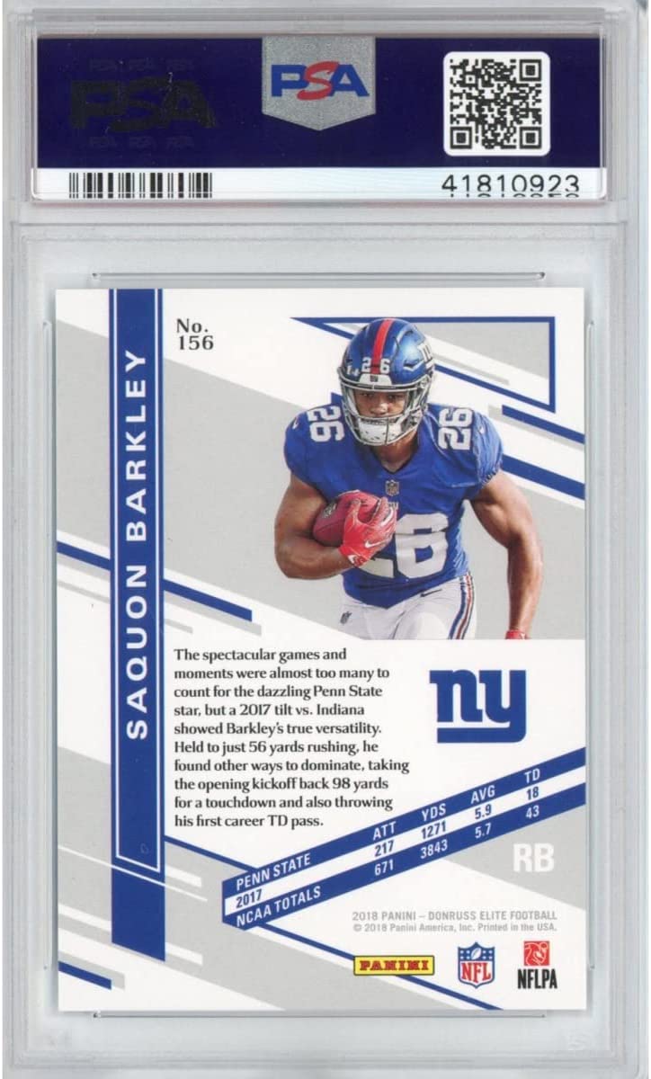 Graded 2018 Panini Donruss Saquon Barkley #156 Elite Rookie RC Football Card PSA 10 Gem Mint