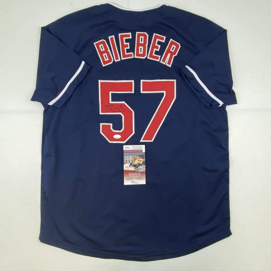 Autographed/Signed Shane Bieber Cleveland Blue Baseball Jersey JSA COA