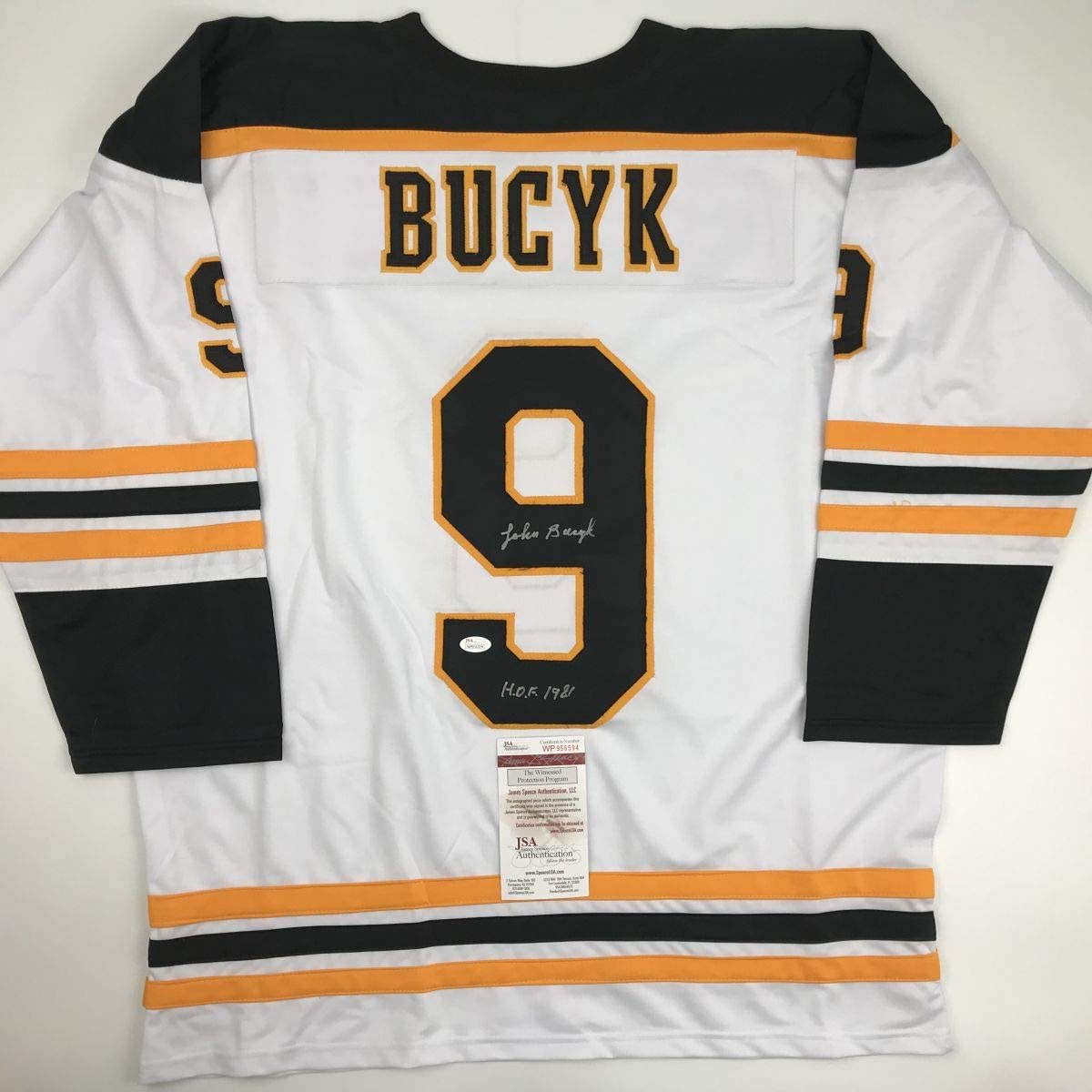 Autographed/Signed Johnny John Bucyk HOF 1981 Boston White Hockey Jersey JSA COA - Golden Apple Comics