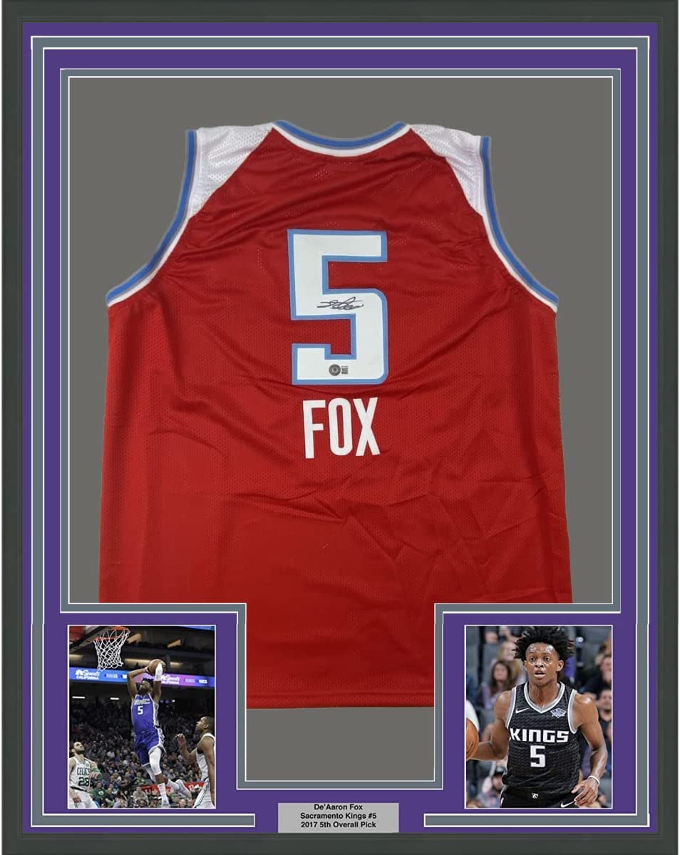 Framed Autographed/Signed De'Aaron Fox 35x39 Sacramento Red City Edition Basketball Jersey Beckett BAS COA
