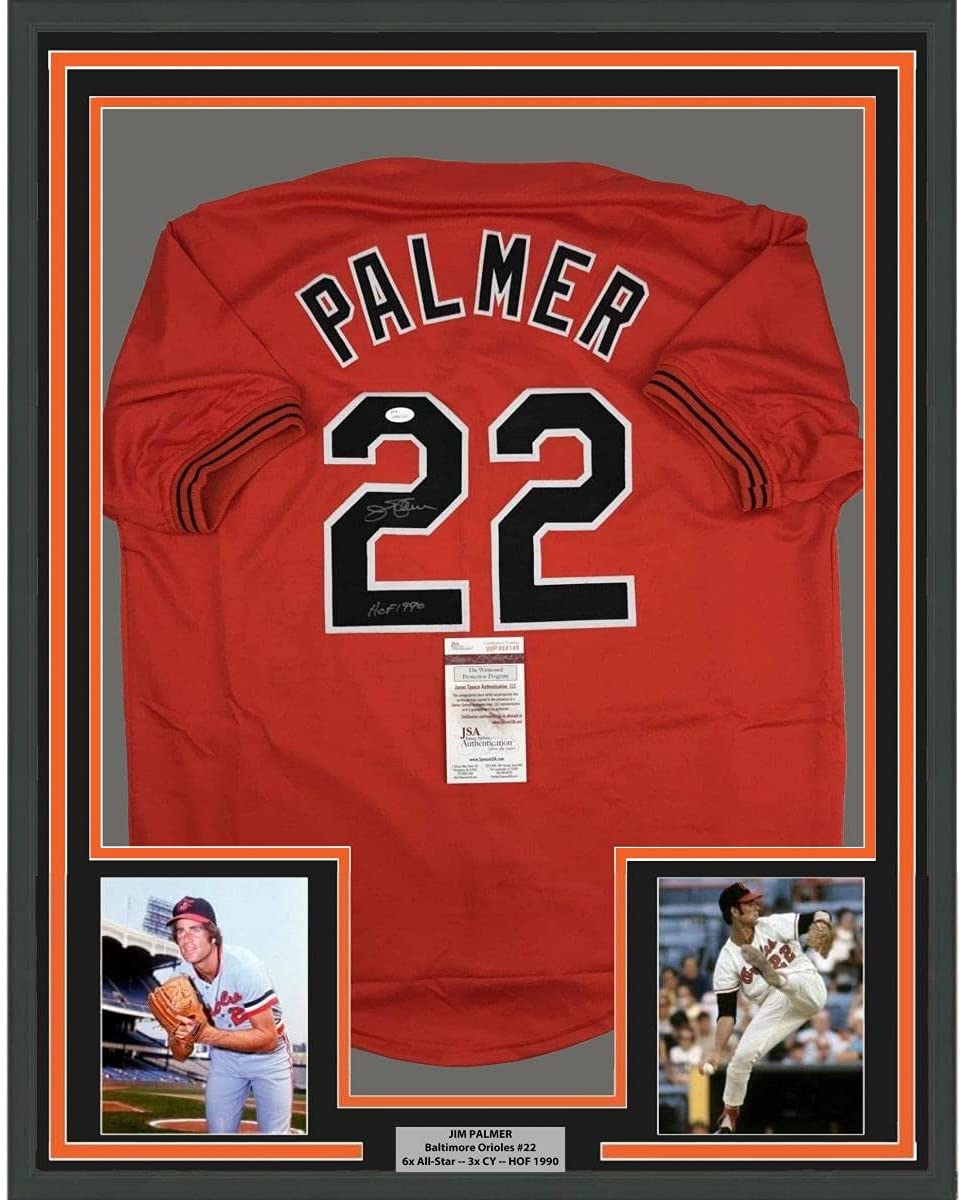 Framed Autographed/Signed Jim Palmer HOF 1990 35x39 Baltimore Orange Baseball Jersey JSA COA