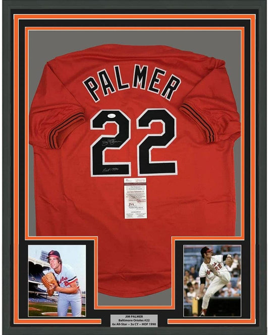 Framed Autographed/Signed Jim Palmer HOF 1990 35x39 Baltimore Orange Baseball Jersey JSA COA