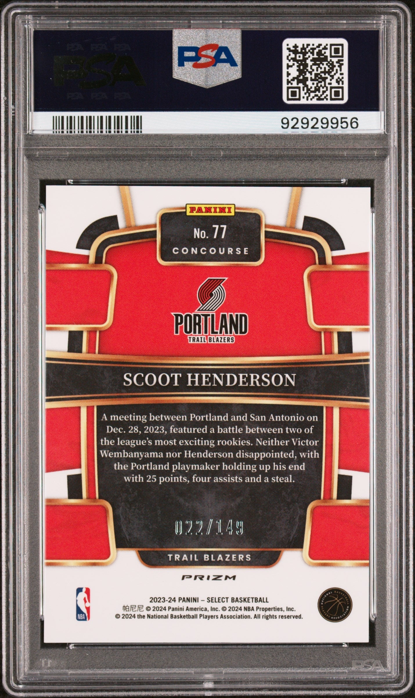 2023 Panini Select White Prizm Scoot Henderson 10 PSA #77