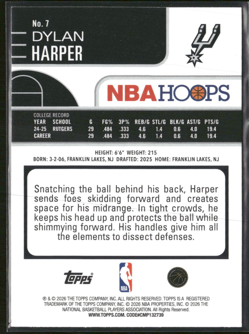 2025-26 Hoops Green Hoops Dylan Harper Rookie #7