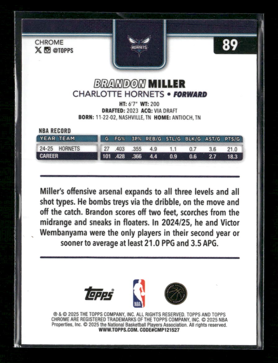 2025-26 Topps Chrome Aqua Basketball Refractor Brandon Miller #/199 #89