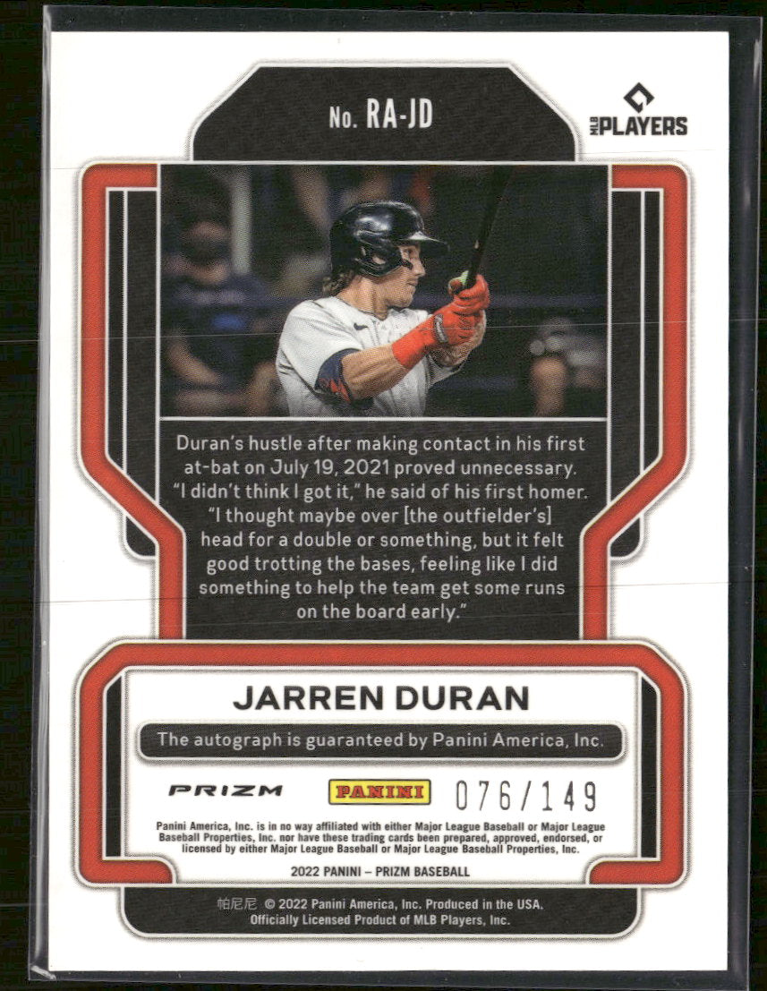 2022 Panini Prizm Rookie Autographs Blue Prizm #/149 Jarren Duran Auto