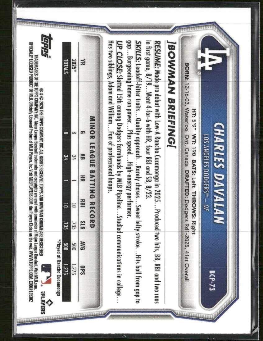 2026 Bowman C Prospects Purple Raywave Refractor Charles Davalan #/250 #BCP-73